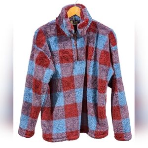 Eddie Bauer Plush Fuzzy Pullover Fleece Jacket Maroon Blue Plaid Check Size XL